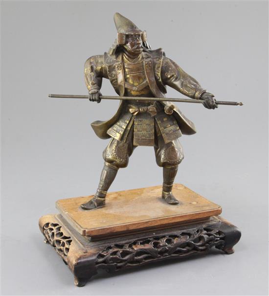 A Japanese parcel gilt bronze figure of a samurai, Meiji period, total height 27cm, replacement spear